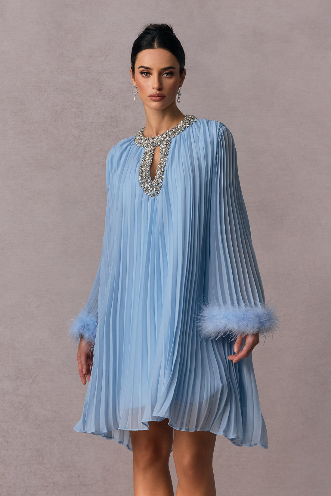 Gabrielle Diamante Feathered Pleated Chiffon Mini Dress