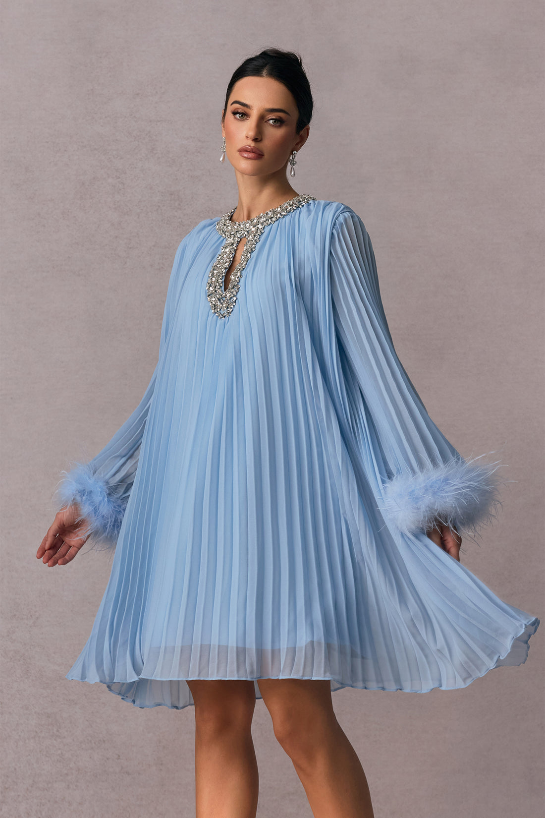 Gabrielle Diamante Feathered Pleated Chiffon Mini Dress