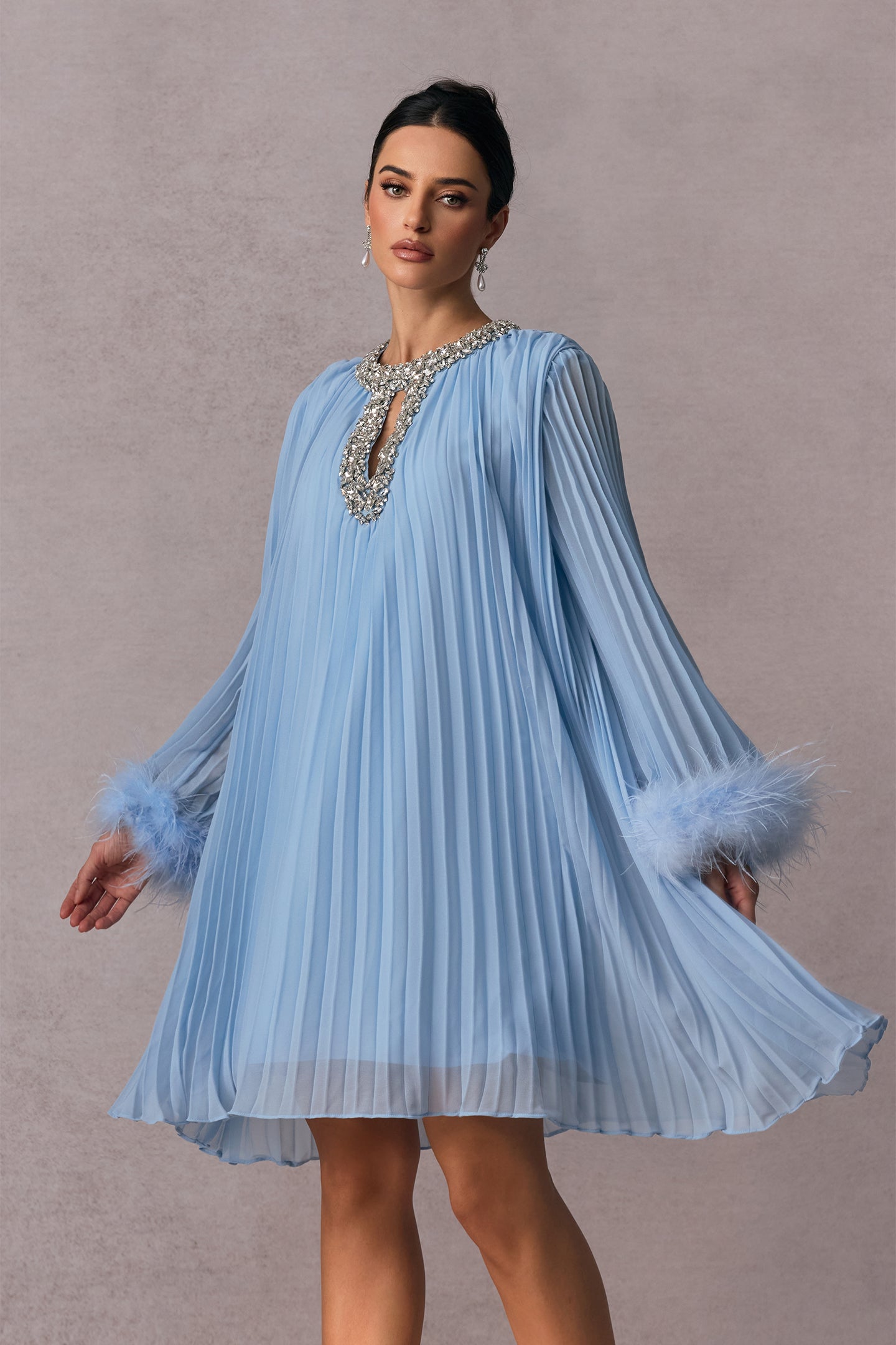 Gabrielle Diamante Feathered Pleated Chiffon Mini Dress