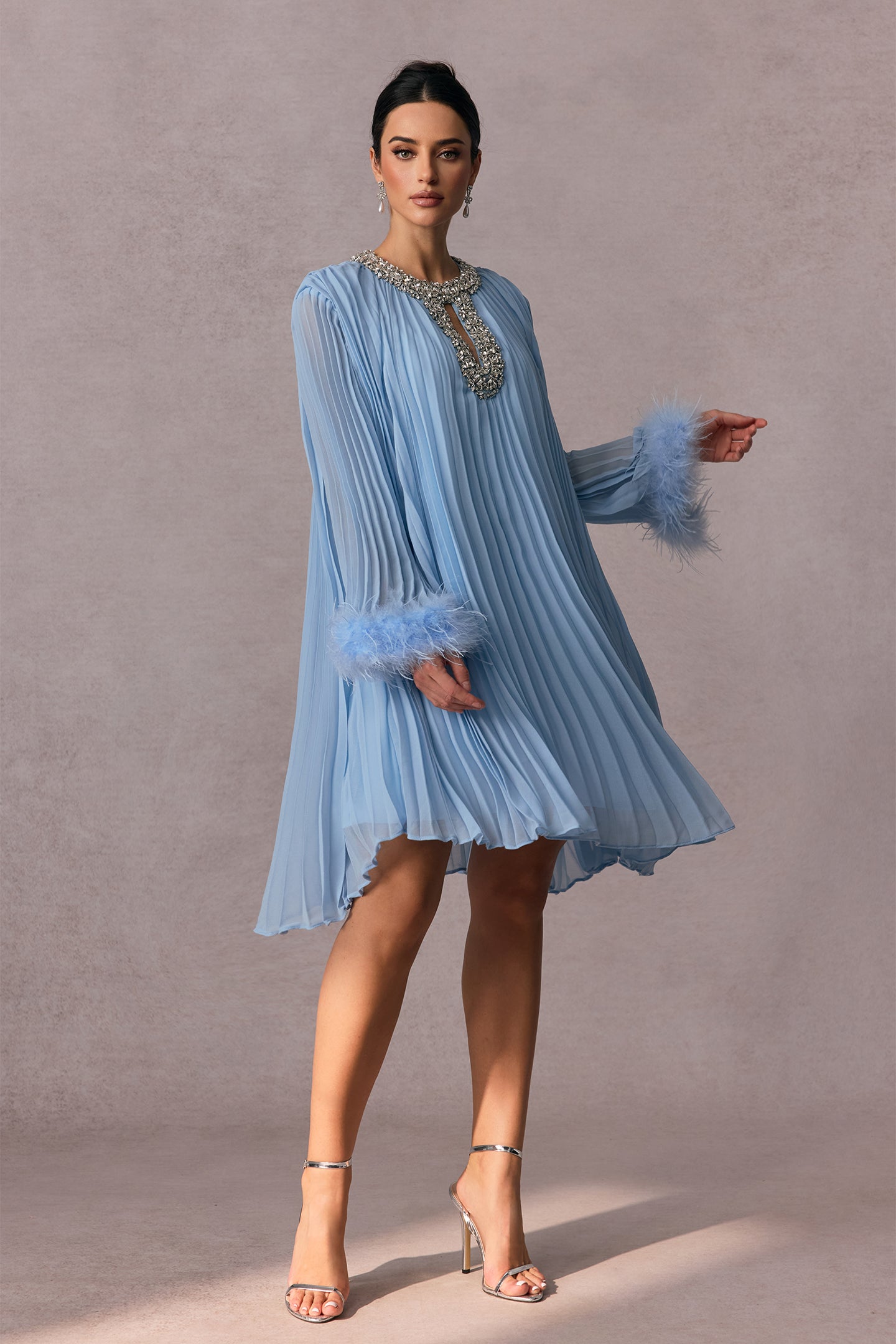 Gabrielle Diamante Feathered Pleated Chiffon Mini Dress