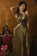 Lillian Metallic One Shoulder Pleated Maxi Dress