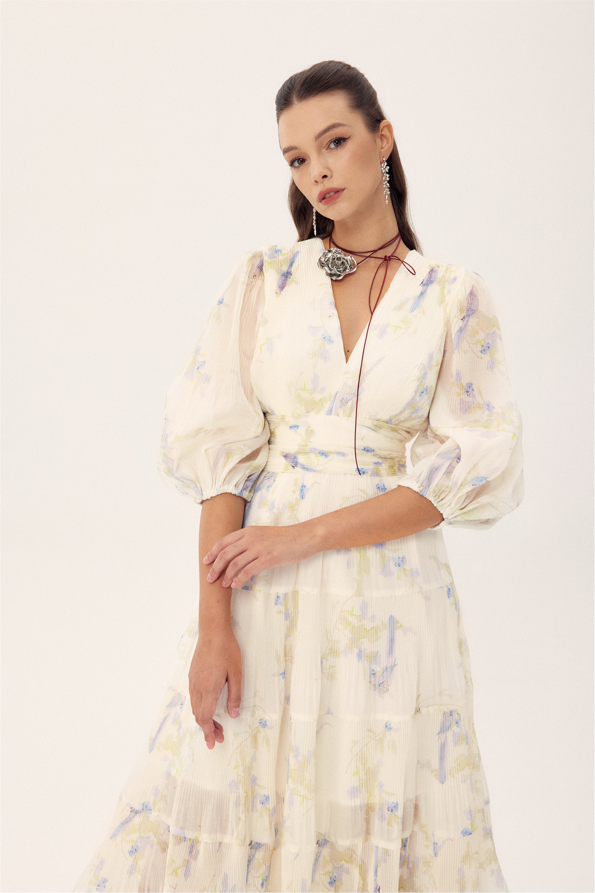 Stephanie Birds Printed V-neck Midi Dress