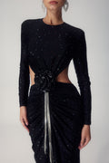Mirabelle Diamante Flower Backless Maxi Dress