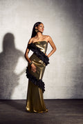Alma Metallic Strapless Ruffle Maxi Dress