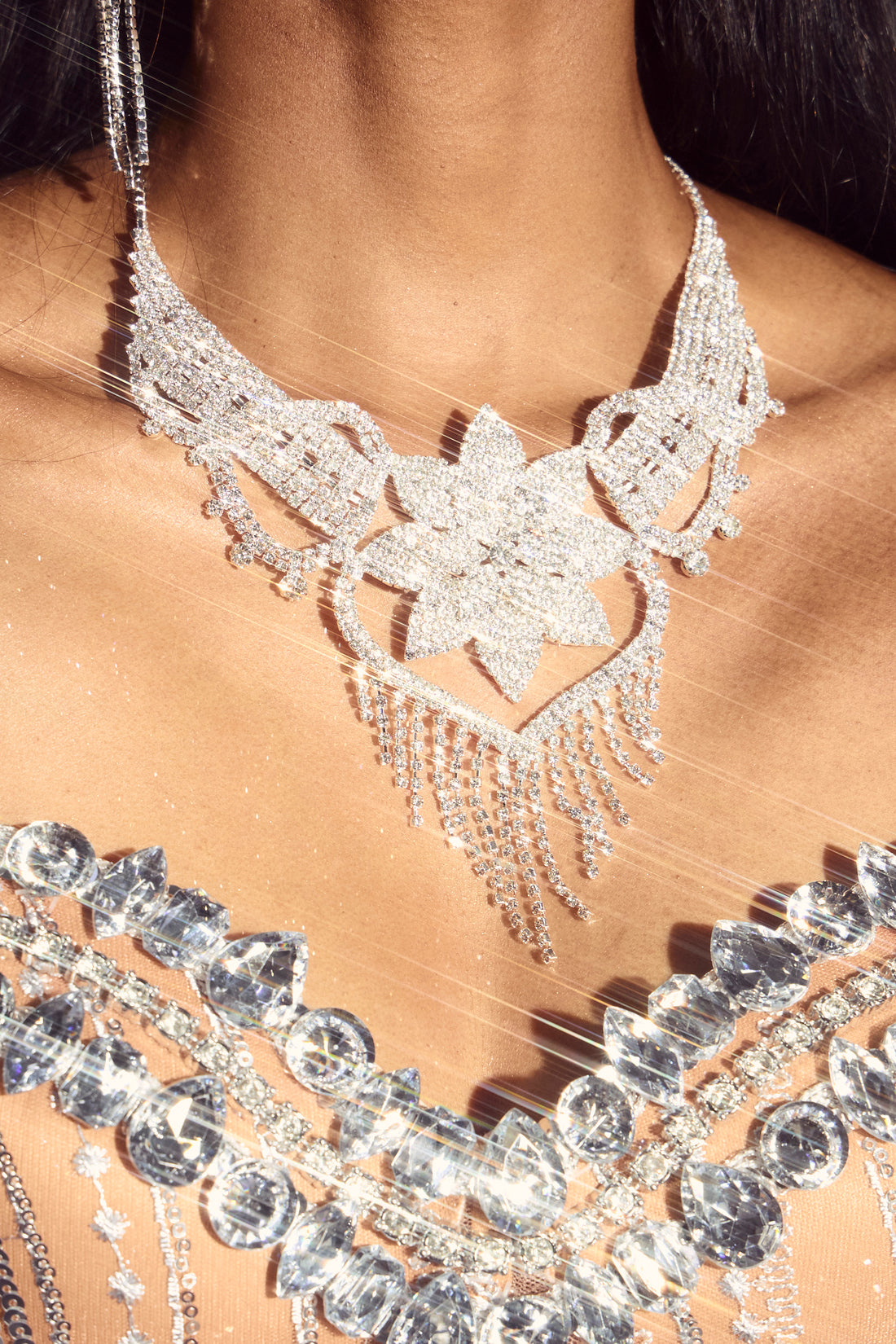 Rhinestone Floral Bib Necklace