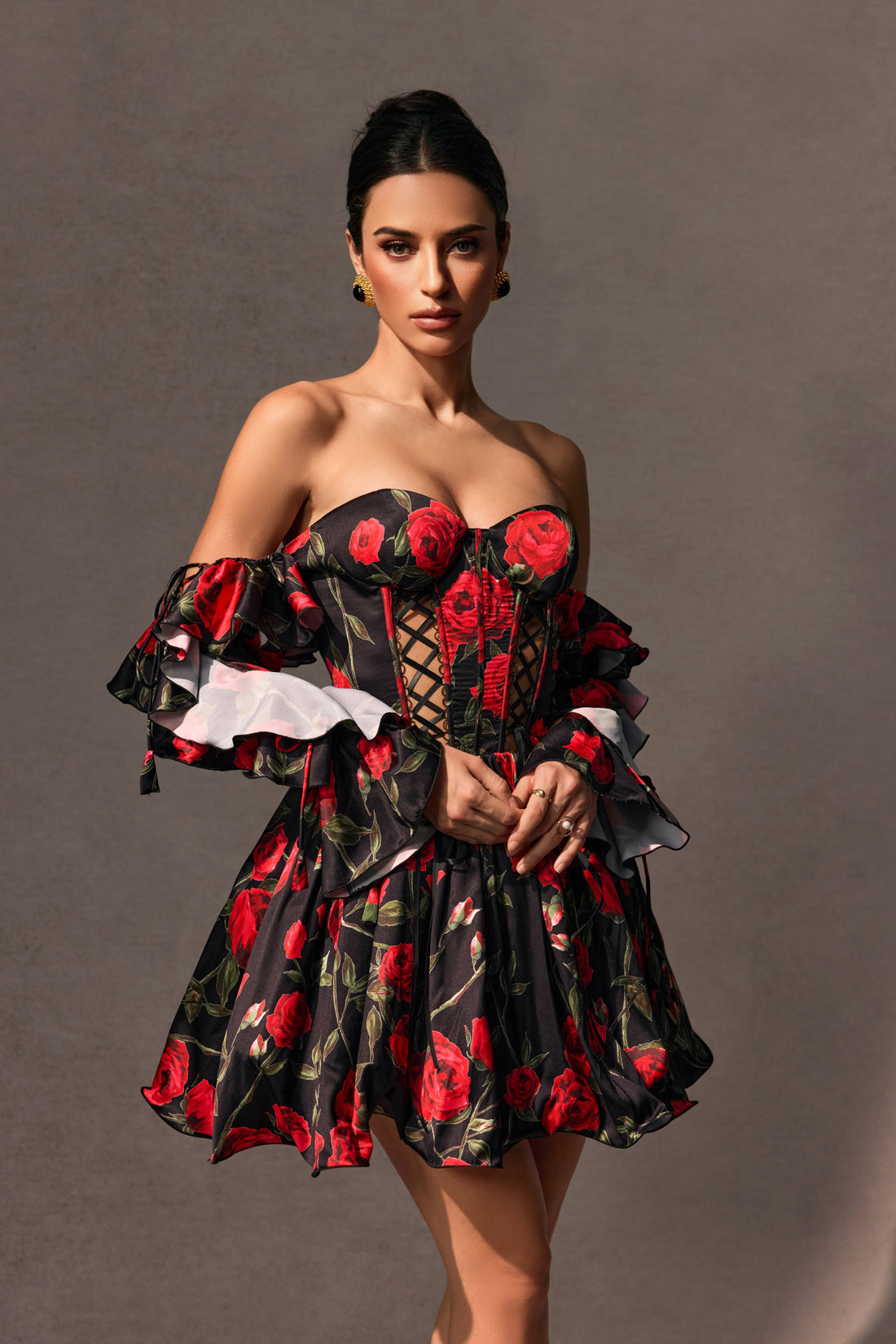 Elizabeth Rose Print Off Shoulder Corset Mini Dress