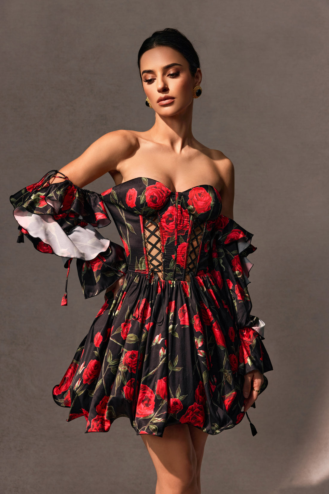 Elizabeth Rose Print Off Shoulder Corset Mini Dress