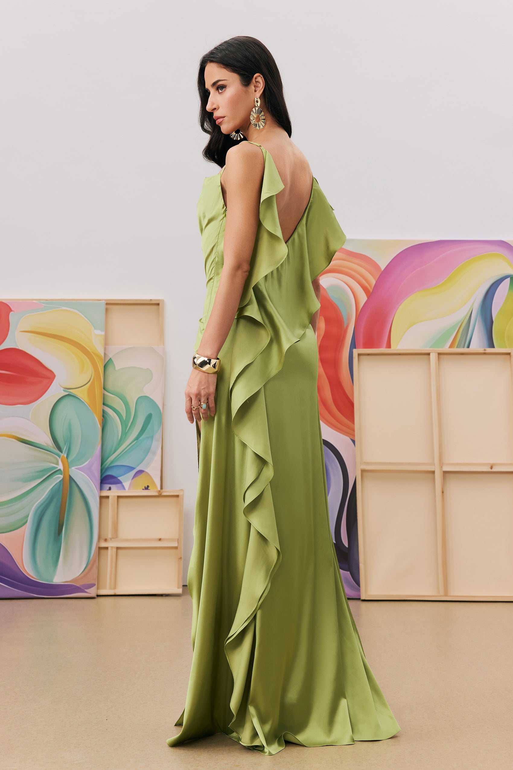 Paula Backless Ruffle Detail Satin Maxi Dress