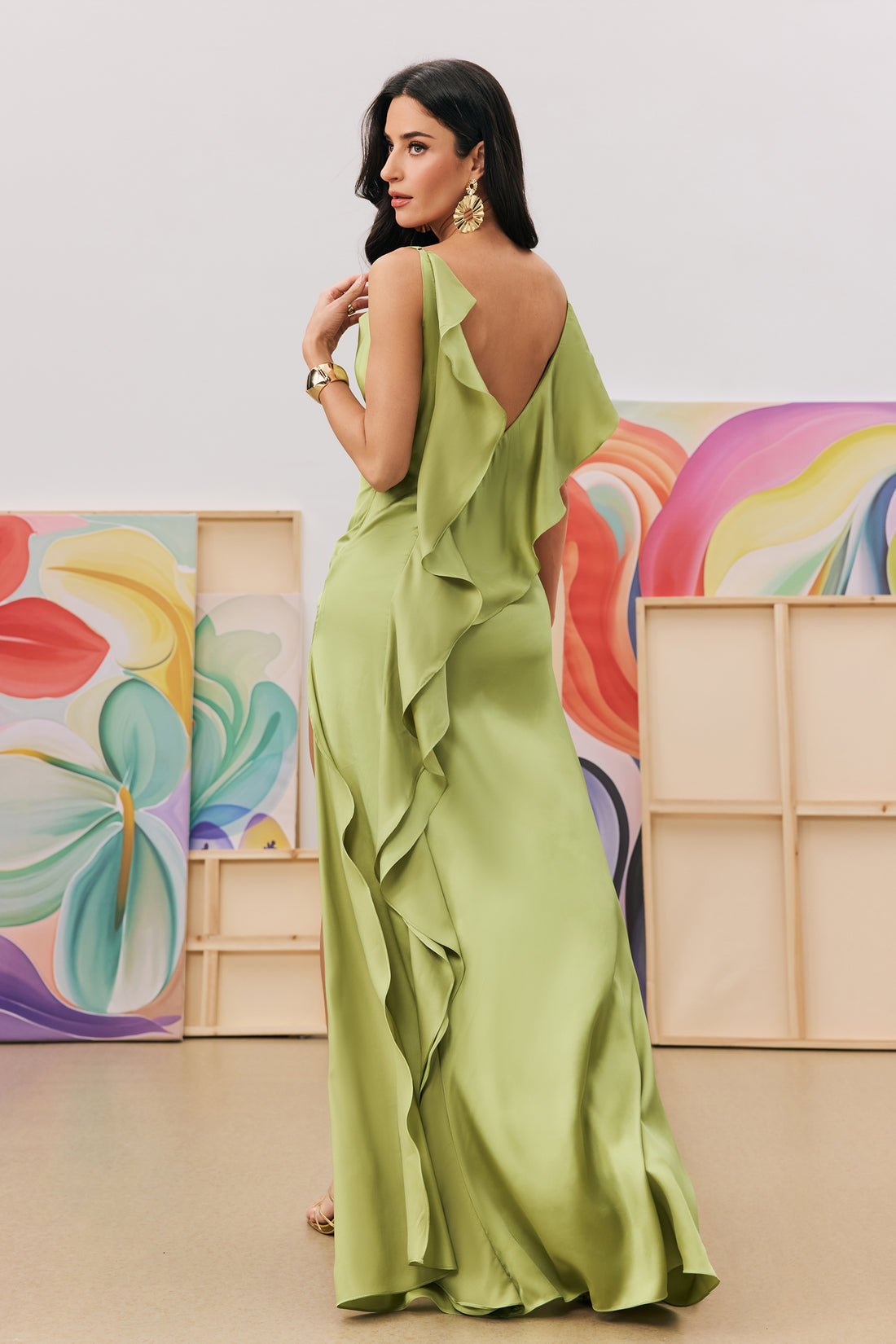 Paula Backless Ruffle Detail Satin Maxi Dress