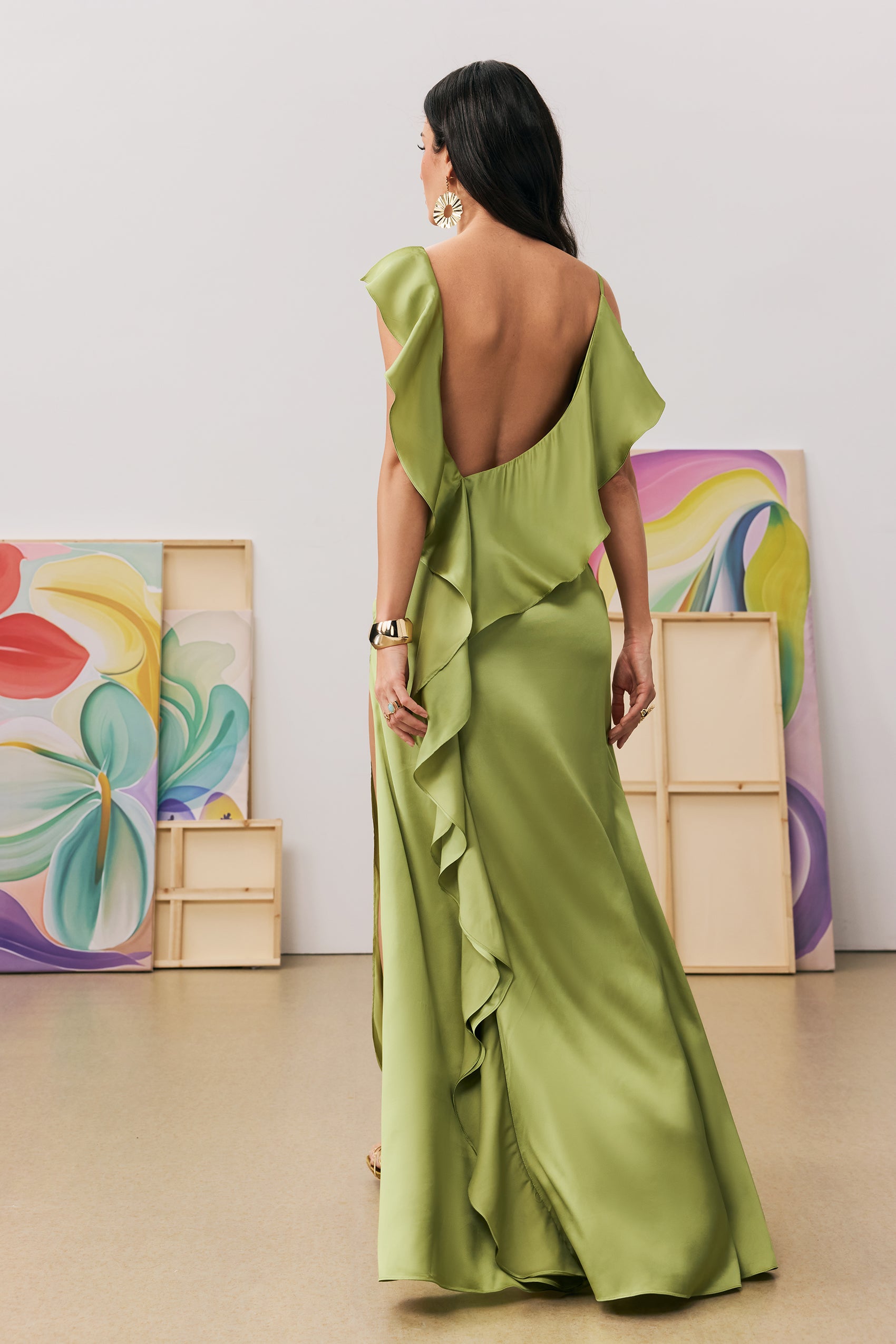 Paula Backless Ruffle Detail Satin Maxi Dress