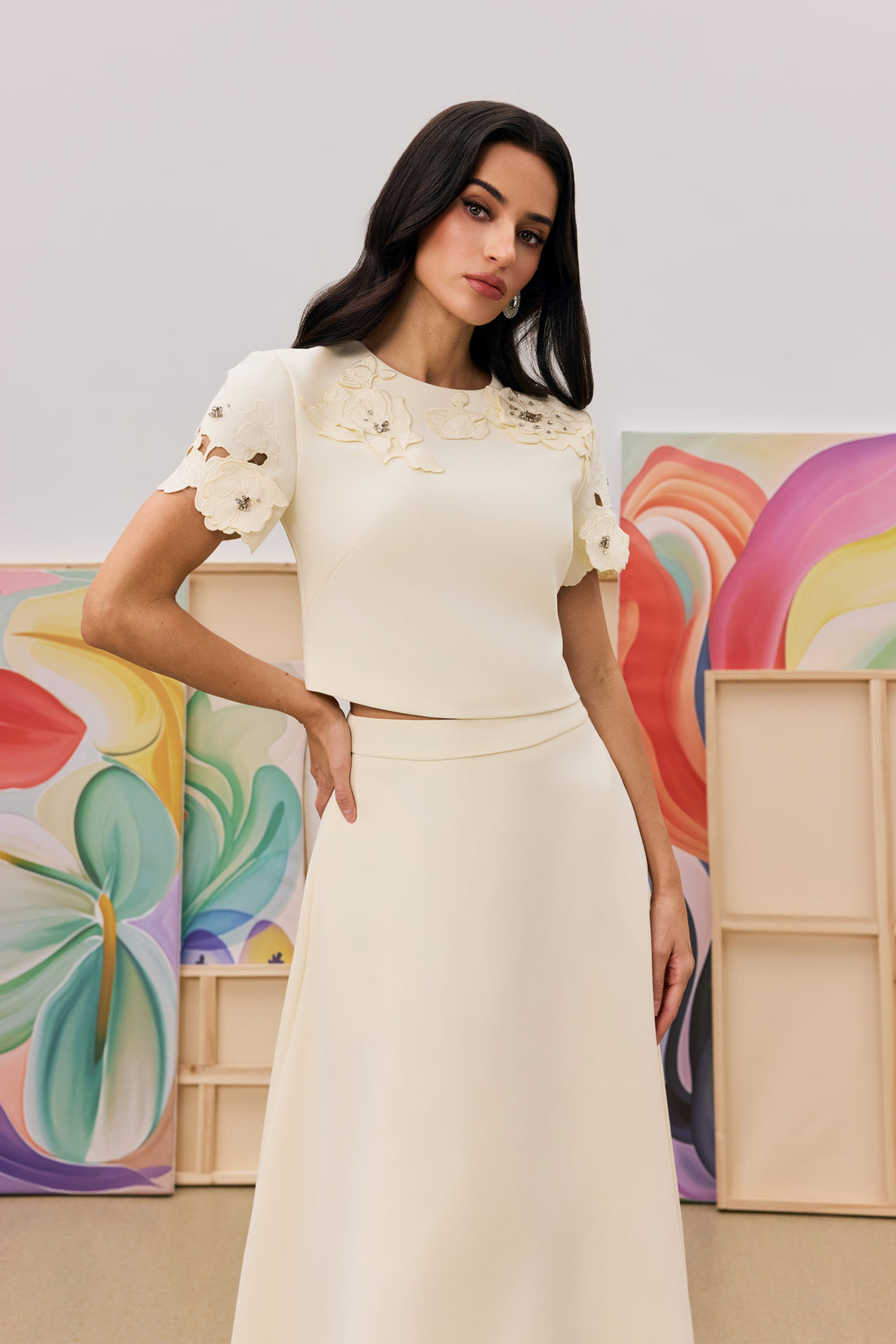 Elsie Floral Applique Top & Skirt Set