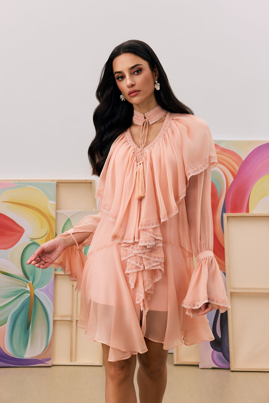 Priscilla V-neck Ruffle Trim Chiffon Mini Dress