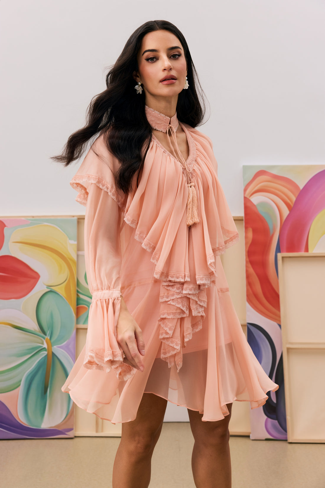 Priscilla V-neck Ruffle Trim Chiffon Mini Dress