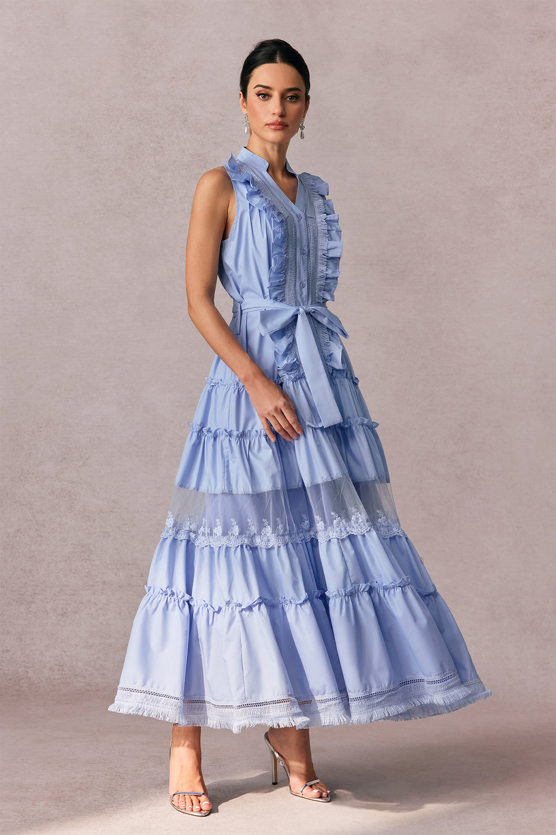 Eileen Sleeveless Ruffle Trim Maxi Dress