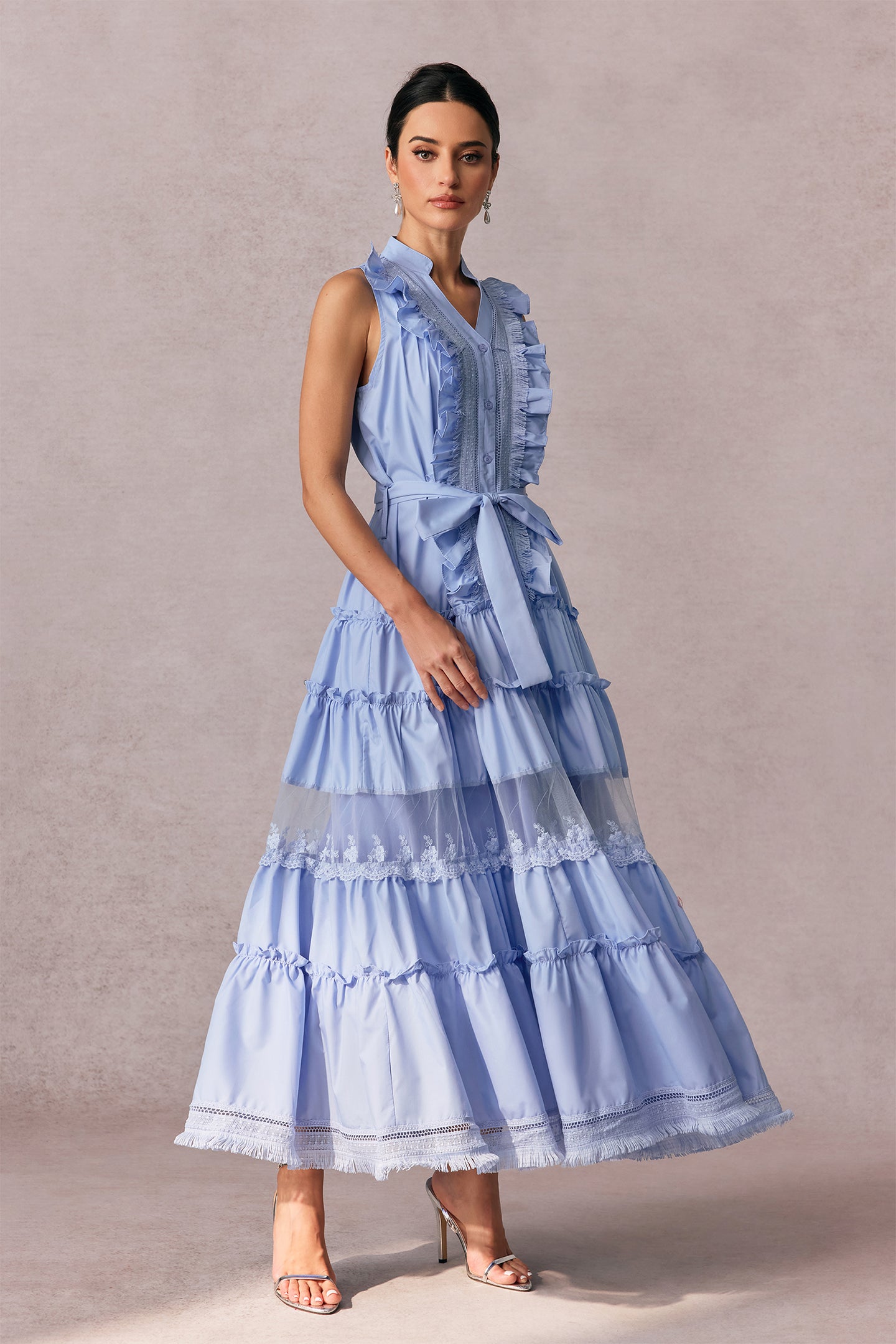 Eileen Sleeveless Ruffle Trim Maxi Dress
