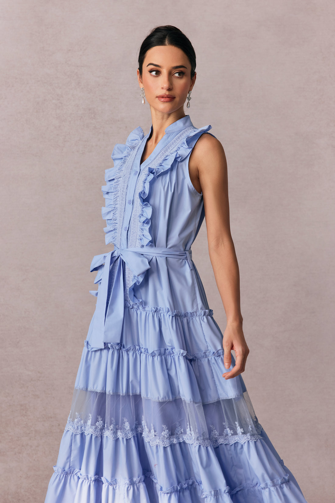 Eileen Sleeveless Ruffle Trim Maxi Dress