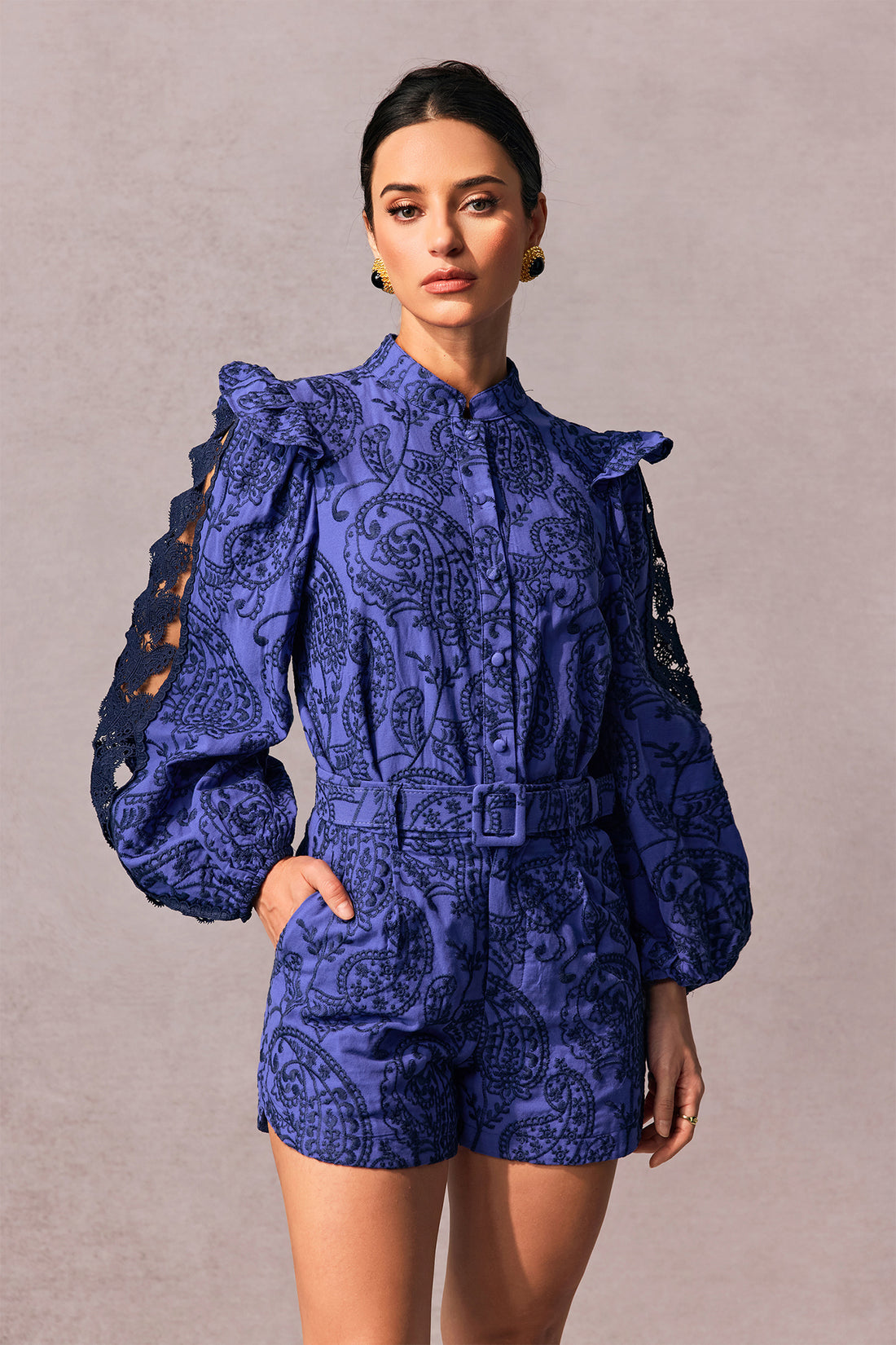 Lena Paisley Embroidered Puff Sleeve Romper