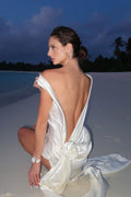 Vera Rose Applique Open Back Satin Maxi Dress