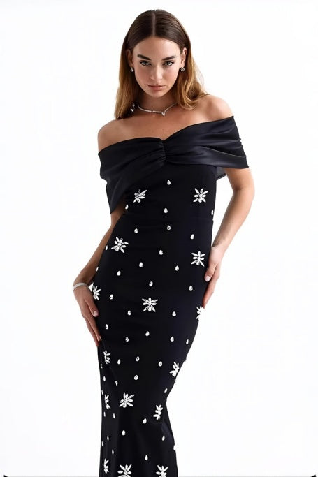 Griselda Off Shoulder Crystal Embellished Maxi Dress