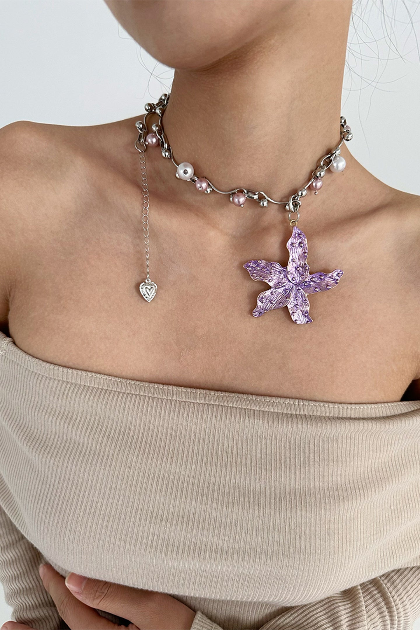 Enameled Star Pearl Necklace