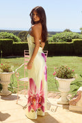 Shirley Floral Print Strapless Satin Maxi Dress