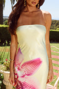 Shirley Floral Print Strapless Satin Maxi Dress