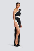 Salome Asymmetric Floral Applique Maxi Dress