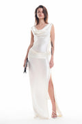 Vera Rose Applique Open Back Satin Maxi Dress