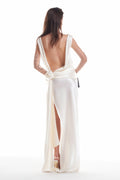 Vera Rose Applique Open Back Satin Maxi Dress