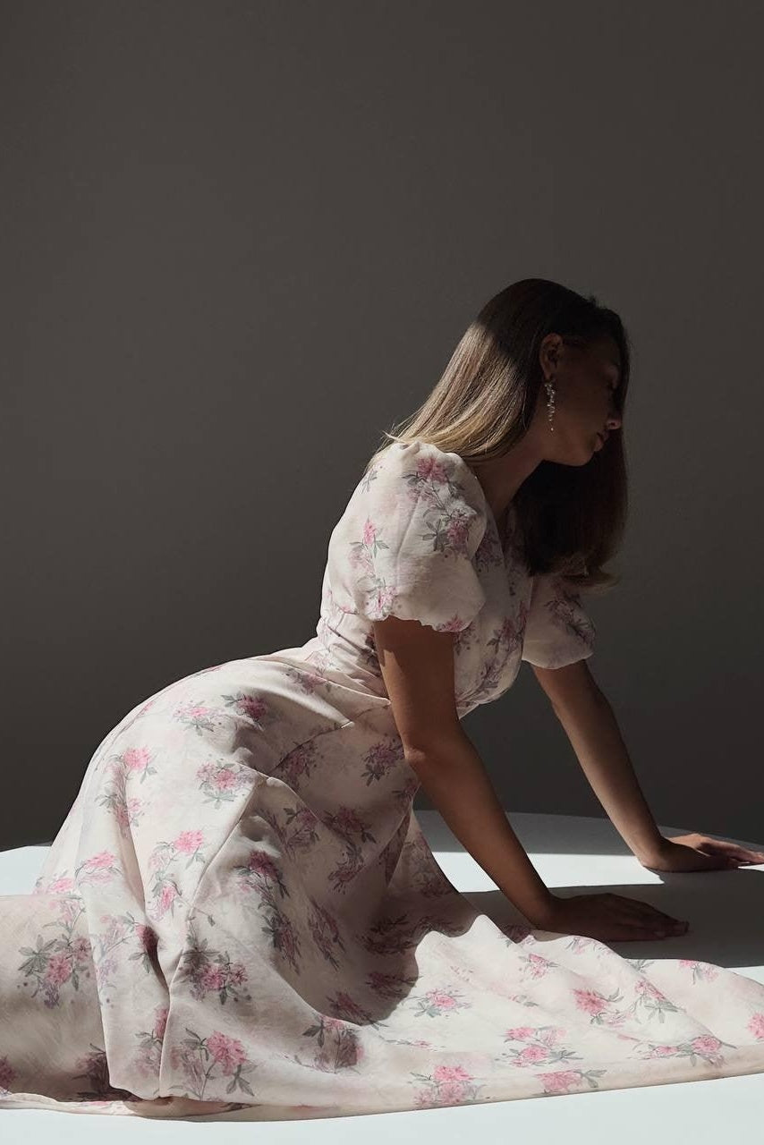 Anne Floral Print Puff Sleeve Midi Dress