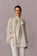 Tracy Stripe Print Feather Cuff Blouse