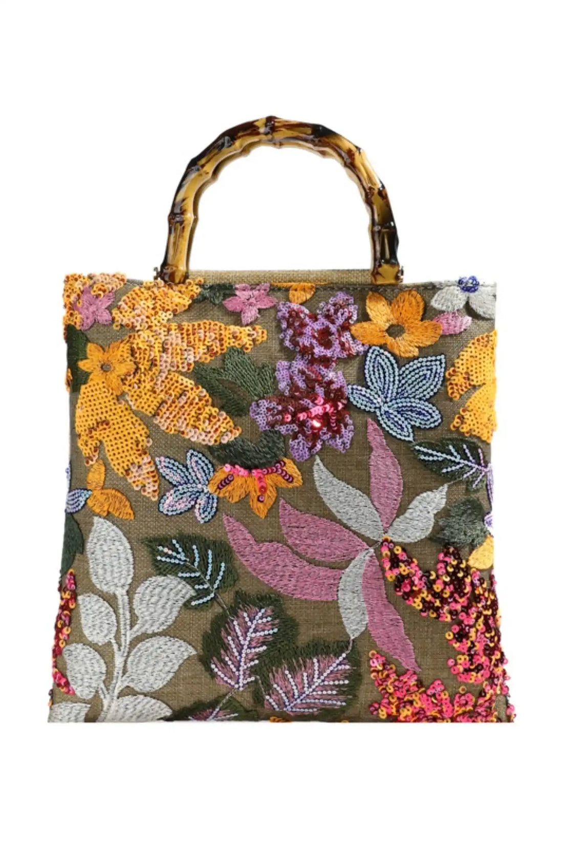 Sequin Embroidered Bamboo-handle Tote Bag