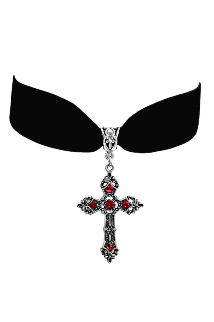 Gem Cross Pendant Velvet Choker