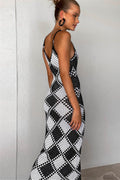Amanda Checkered V-neck Knit Maxi Dress