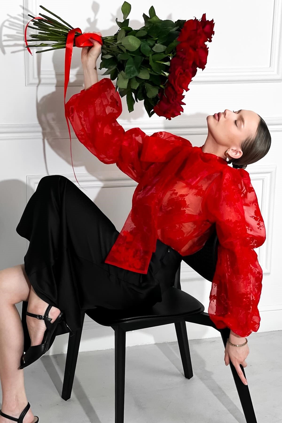 Hulda Lace Bow Tie Lantern Sleeve Blouse