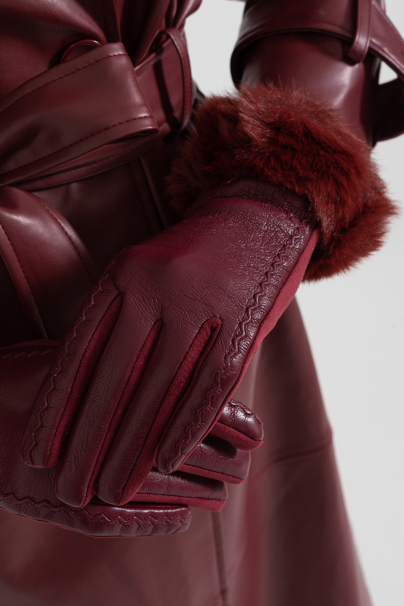 PU Leather Faux Fur Trim Gloves