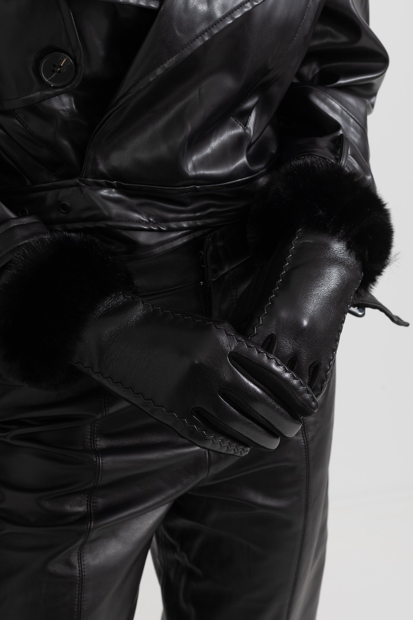 PU Leather Faux Fur Trim Gloves