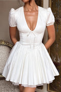 Stephanie Puff Sleeve Plunge Neck Mini Dress