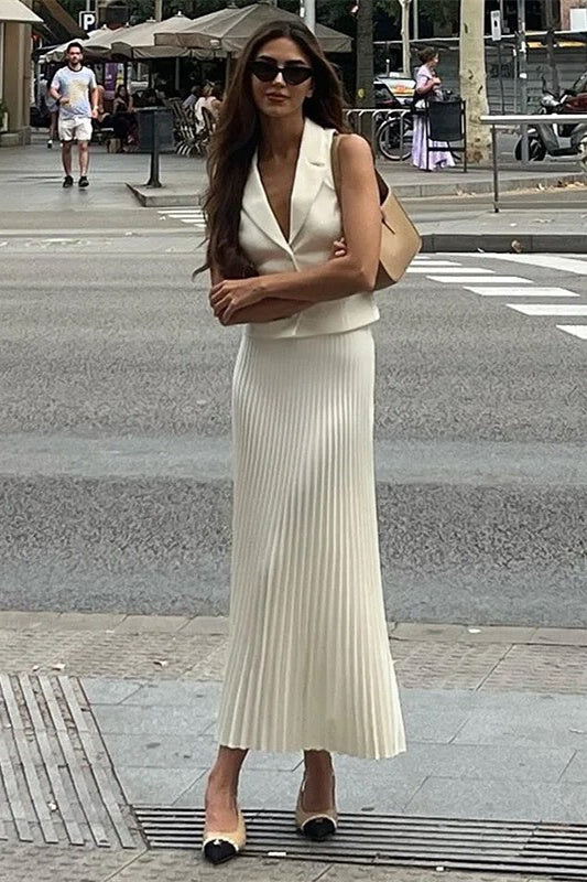 Renata V-neck Pleated Skirt Set