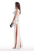 Vera Rose Applique Open Back Satin Maxi Dress
