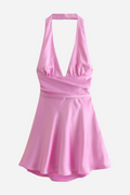 Evelyn Halter Neck Big Bow Tie Satin Mini Dress
