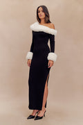Dawn Faux Fur One Shoulder Slit Maxi Dress