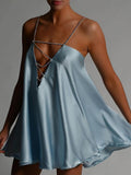 Fanny Metal Chain Satin V-neck Mini Doll Dress