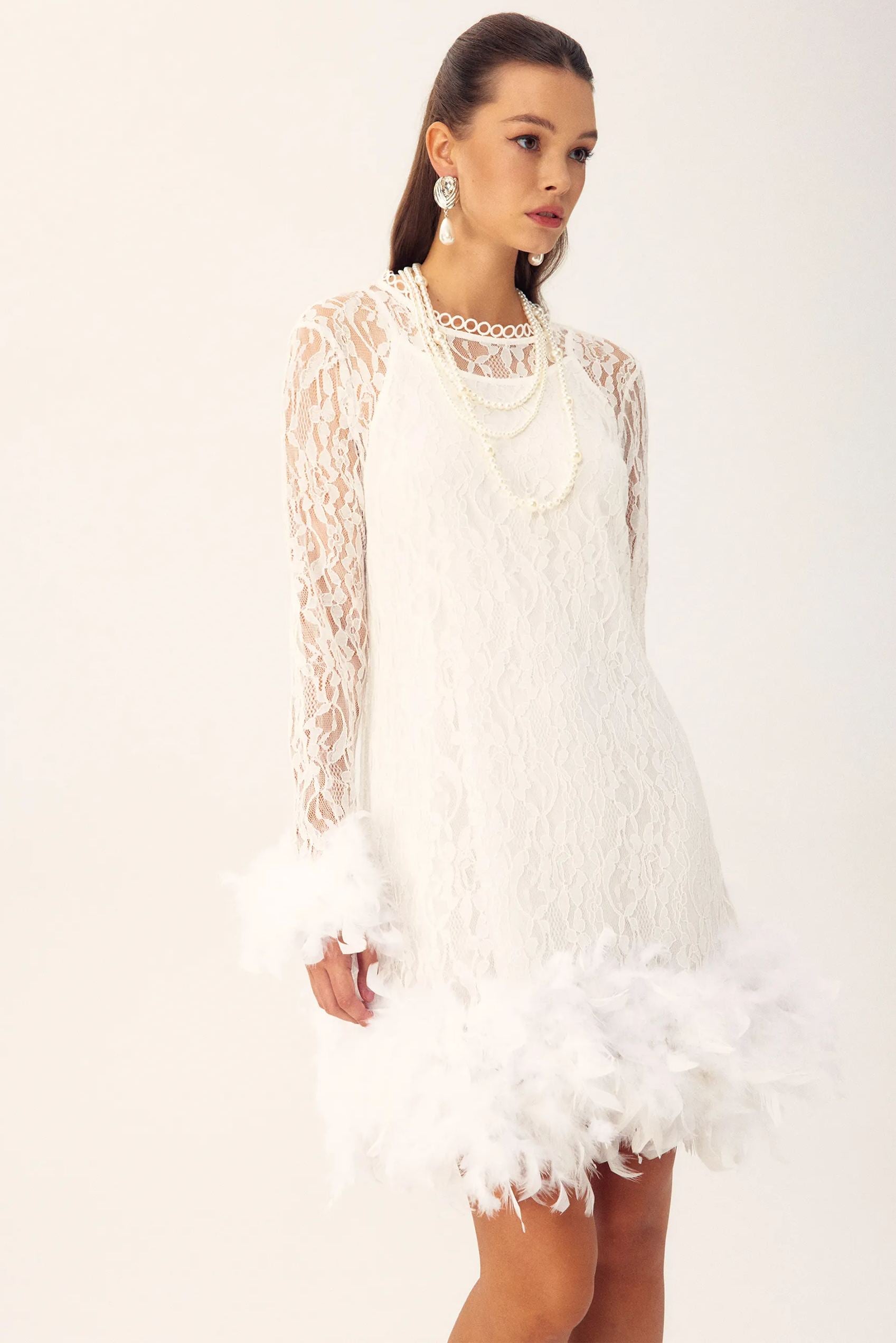 Patricia Feather Long Sleeves Mini Lace Dress