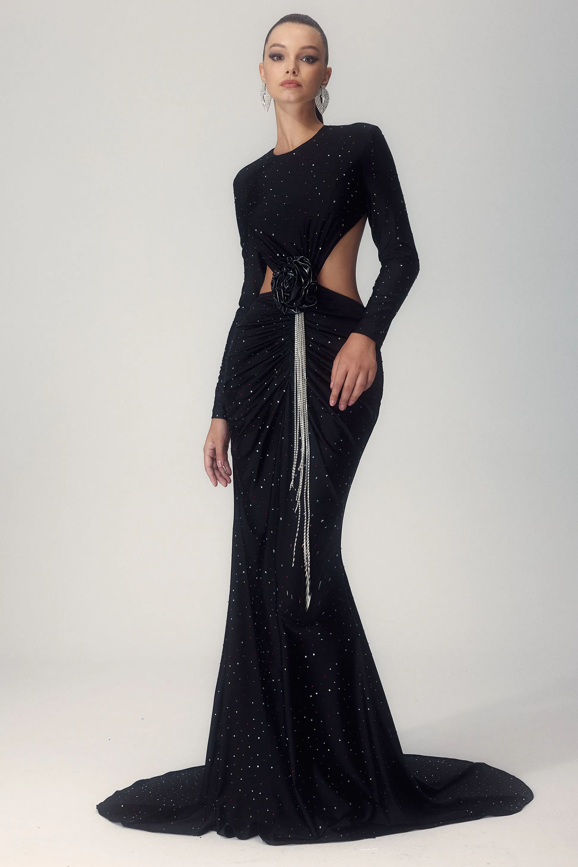 Mirabelle Diamante Flower Backless Maxi Dress