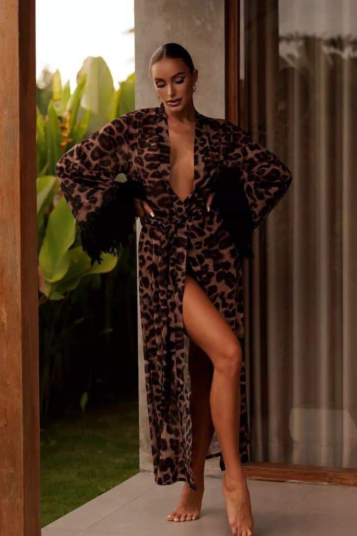 Natalie Leopard Print Feather Maxi Robe
