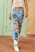 Liza Floral & Sun Printed Ripped Jeans
