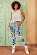 Liza Floral & Sun Printed Ripped Jeans