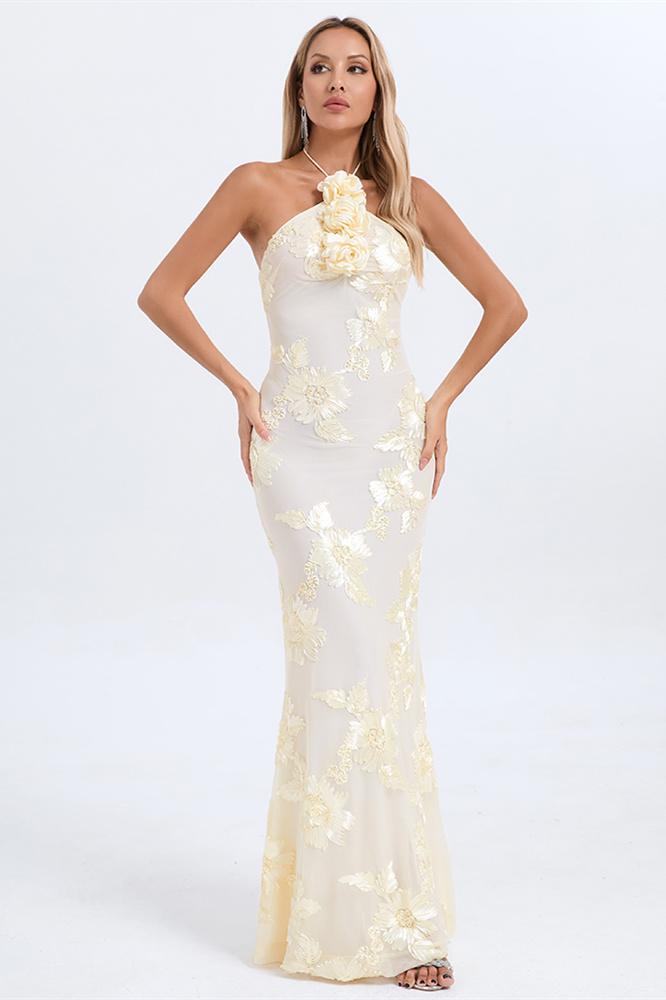 Lorraine Halter Emboidered Floral Maxi Dress