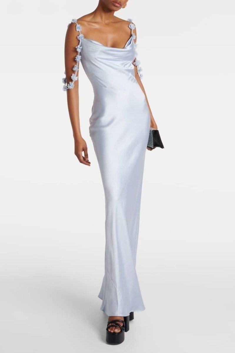 Olive Floral-applique Satin Maxi Dress
